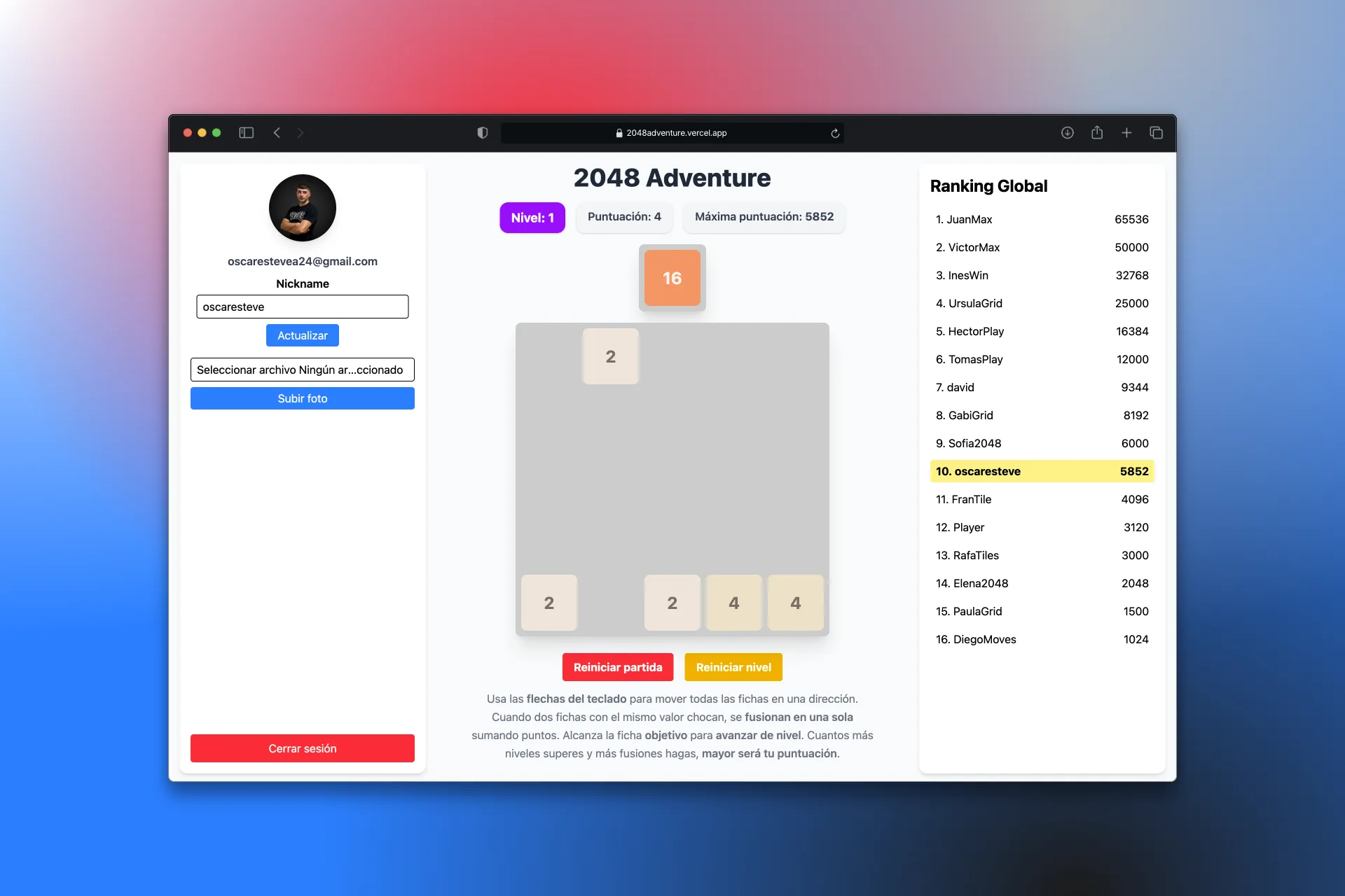 Captura de pantalla del proyecto 2048 adventure