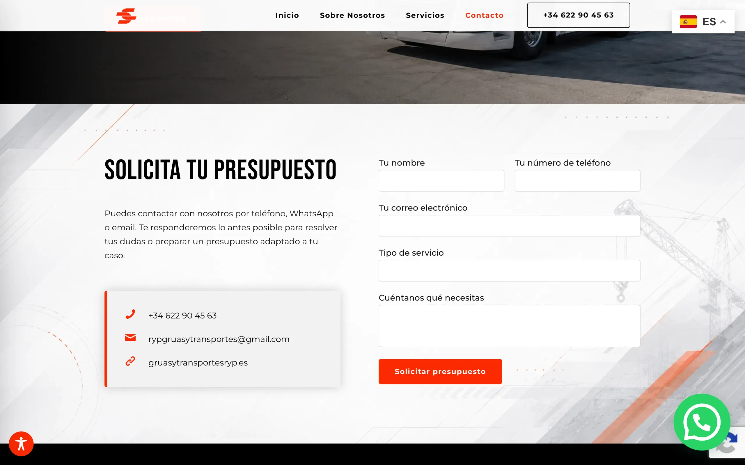 Página de contacto, con el formulario de presupuesto y los datos de la empresa.